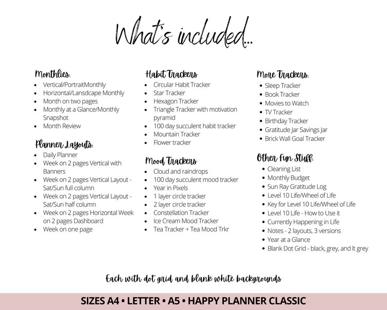 May include: A list of printable planner and tracker options for the Happy Planner Classic, A4, Letter, and A5 sizes. The list includes monthlies, planner layouts, habit trackers, mood trackers, more trackers, and other fun stuff. Each option is available with a dot grid and blank white background.