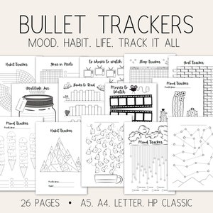Könnte beinhalten: Ein Satz von 26 druckbaren Bullet-Journal-Seiten zum Verfolgen von Stimmung, Gewohnheiten und Lebenszielen. Die Seiten zeigen verschiedene Designs, darunter einen Kaktus, einen Berg, ein Glas und eine Wolke mit Regentropfen.