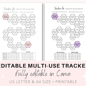 May include: Editable multi-use tracker template for weight loss in January or semester assignments. The template features a honeycomb design with spaces to enter text and a section for goals and rewards. The text "Editable Multi-Use Tracker" and "Fully editable in Canva" is displayed at the bottom of the image.