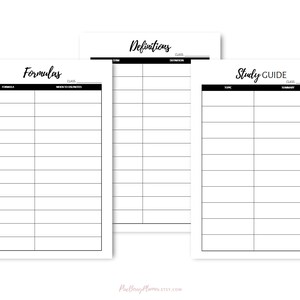 May include: Three printable study guides with black headings and lines. The headings are "Formulas", "Definitions", and "Study Guide".