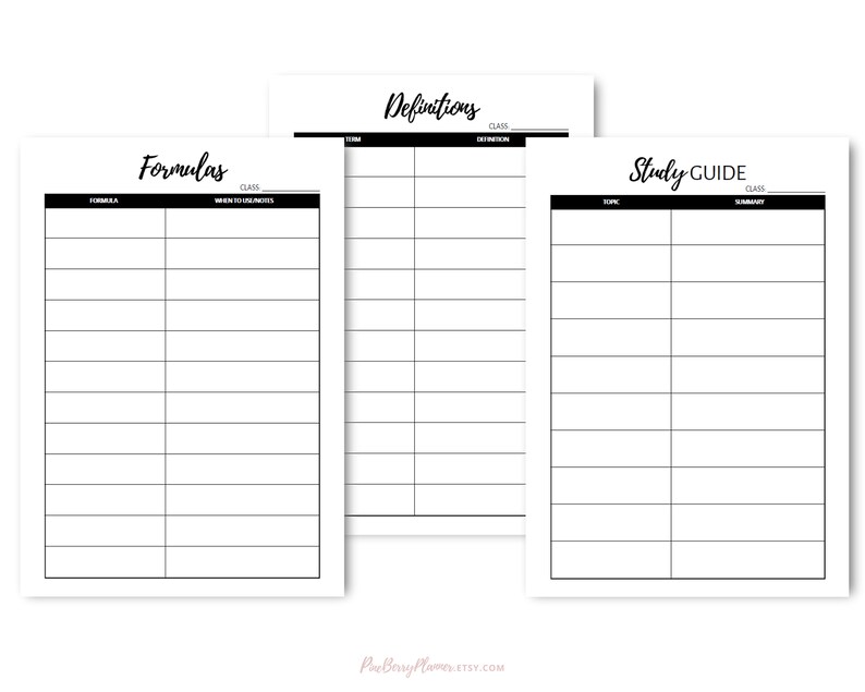 May include: Three printable study guides with black headings and lines. The headings are "Formulas", "Definitions", and "Study Guide".