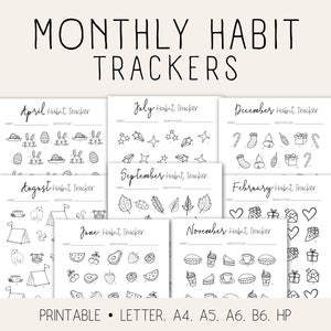 Monthly Bullet Journal Habit Trackers Bundle  12 Months of Printable Bujo Inserts