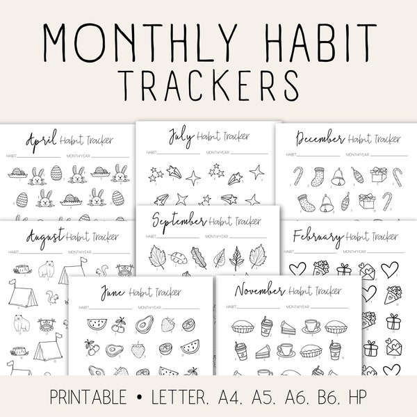 Monthly Bullet Journal Habit Trackers Bundle  12 Months of Printable Bujo Inserts