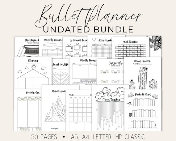 Bullet Planner Printables, Dot Grid Journal Bundle, Bujo Trackers, Weekly Spread Templates (A4 A5 Letter HP Classic) (Digital Download)