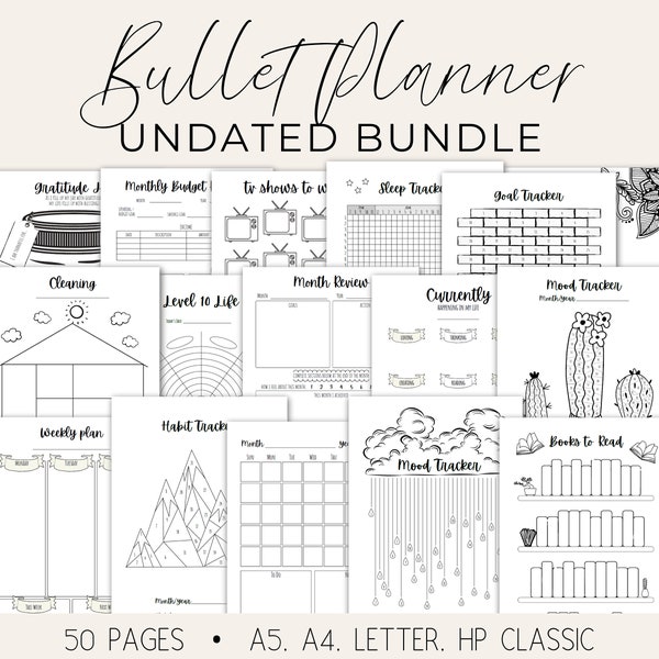 Bullet Planner Printables, Dot Grid Journal Bundle, Bujo Trackers, Weekly Spread Templates (A4 A5 Letter HP Classic) (Digital Download)