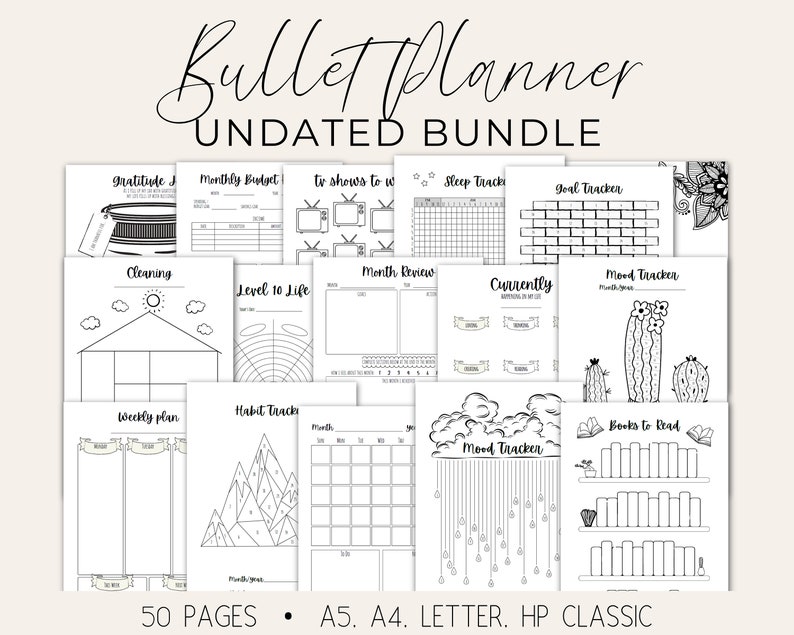 May include: A set of 12 printable bullet journal pages with various themes, including gratitude, monthly budget, TV shows to watch, sleep tracker, goal tracker, cleaning, level 10 life, month review, currently, mood tracker, weekly plan, habit tracker, books to read, and mood tracker. The pages are black and white and feature simple line drawings.