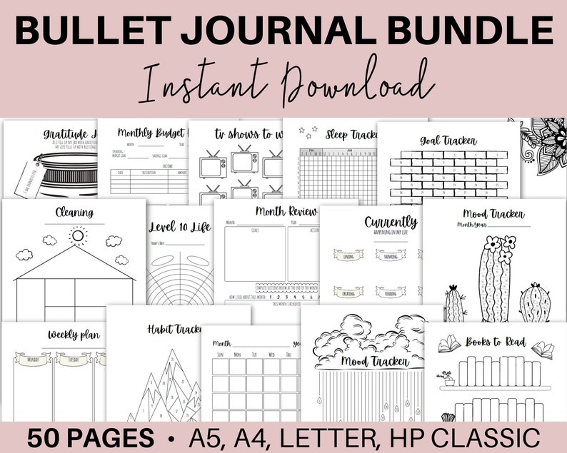 Bullet Journal Printables, Bullet Journal Bundle, Trackers, Printable Bujo Inserts, Weekly Spread, Bujo Templates,  A4 A5 Letter HP Classic 