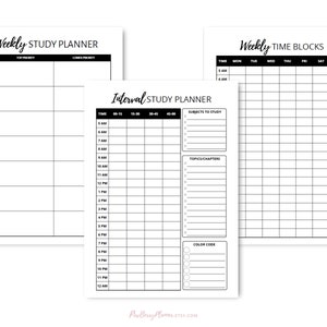 May include: Three printable study planner pages with black text and lines on a white background. The first page is a weekly study planner with columns for each day of the week and rows for time slots. The second page is an interval study planner with columns for time intervals and rows for subjects and topics. The third page is a weekly time block planner with columns for each day of the week and rows for time slots.