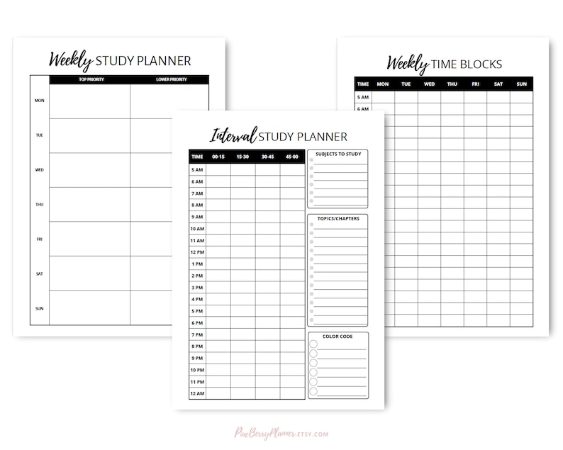May include: Three printable study planner pages with black text and lines on a white background. The first page is a weekly study planner with columns for each day of the week and rows for time slots. The second page is an interval study planner with columns for time intervals and rows for subjects and topics. The third page is a weekly time block planner with columns for each day of the week and rows for time slots.