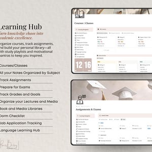 May include: A digital planner interface with the text "Learning Hub" and "Turn knowledge chaos into academic excellence." The interface includes sections for courses, assignments, and exams, with a calendar showing the date 12/16.