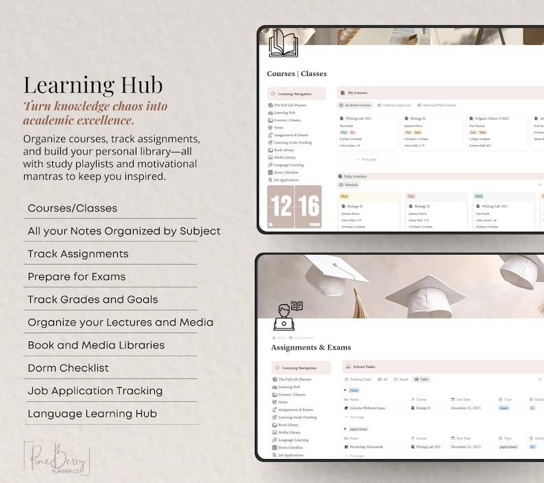 May include: A digital planner interface with the text "Learning Hub" and "Turn knowledge chaos into academic excellence." The interface includes sections for courses, assignments, and exams, with a calendar showing the date 12/16.