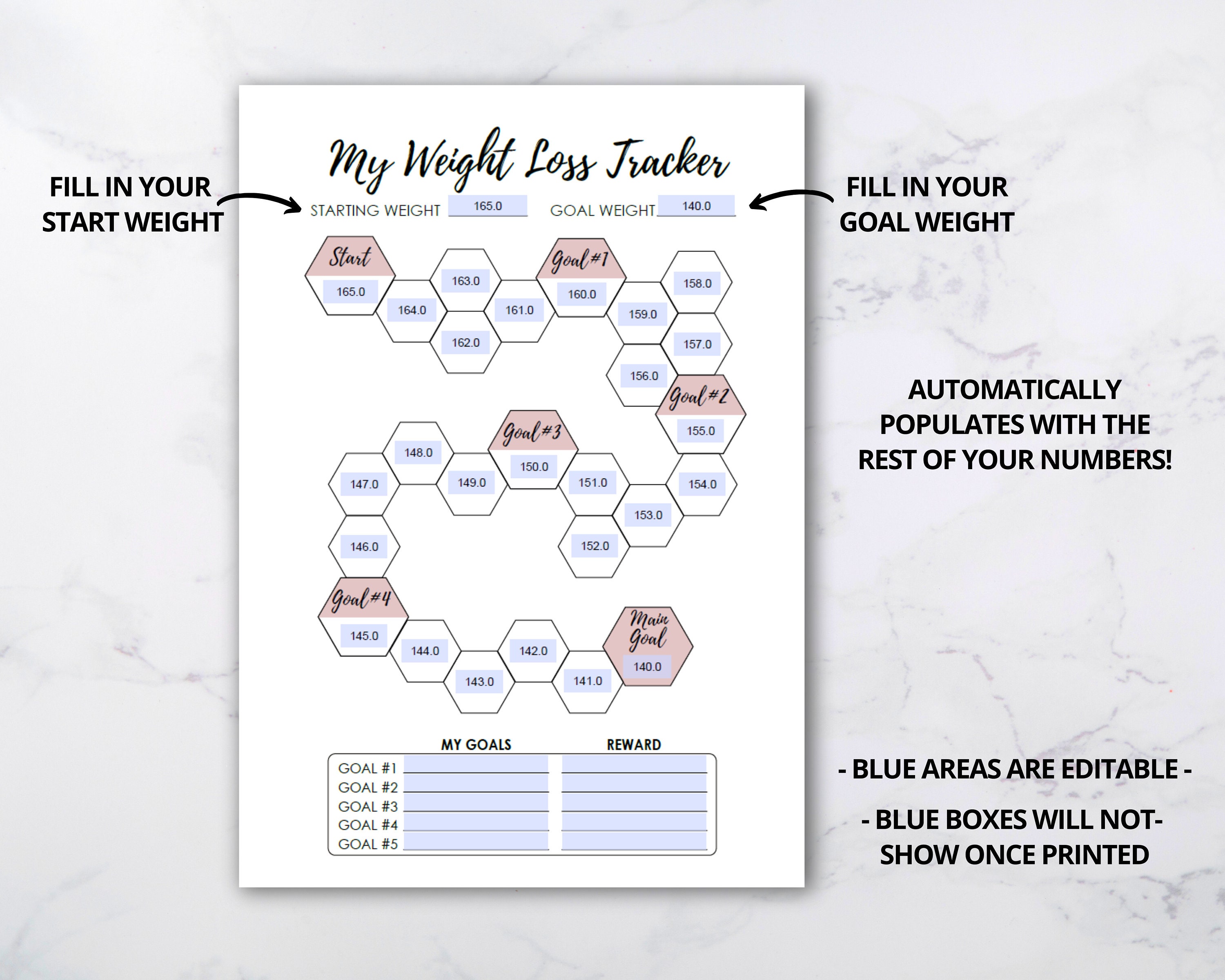 Weight Loss Tracker Printable: Editable Auto-populate Chart (A5, Letter ...