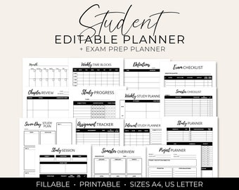 May include: A printable student planner with a black and white design. The planner includes sections for monthly calendar, weekly time blocks, definitions, exam checklist, chapter review, study progress, weekly study planner, seven-day study plan, assignment tracker, interval study planner, study planner, study session, semester overview, and project planner. The planner is available in A4 and US Letter sizes.