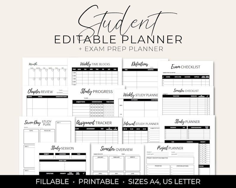 May include: A printable student planner with a black and white design. The planner includes sections for monthly calendar, weekly time blocks, definitions, exam checklist, chapter review, study progress, weekly study planner, seven-day study plan, assignment tracker, interval study planner, study planner, study session, semester overview, and project planner. The planner is available in A4 and US Letter sizes.