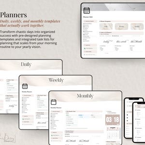 May include: Digital planner templates for daily, weekly, and monthly use, displayed on tablets and smartphones. The image shows a variety of layouts with the text "Planners" and "Daily, weekly, and monthly templates that actually work together."