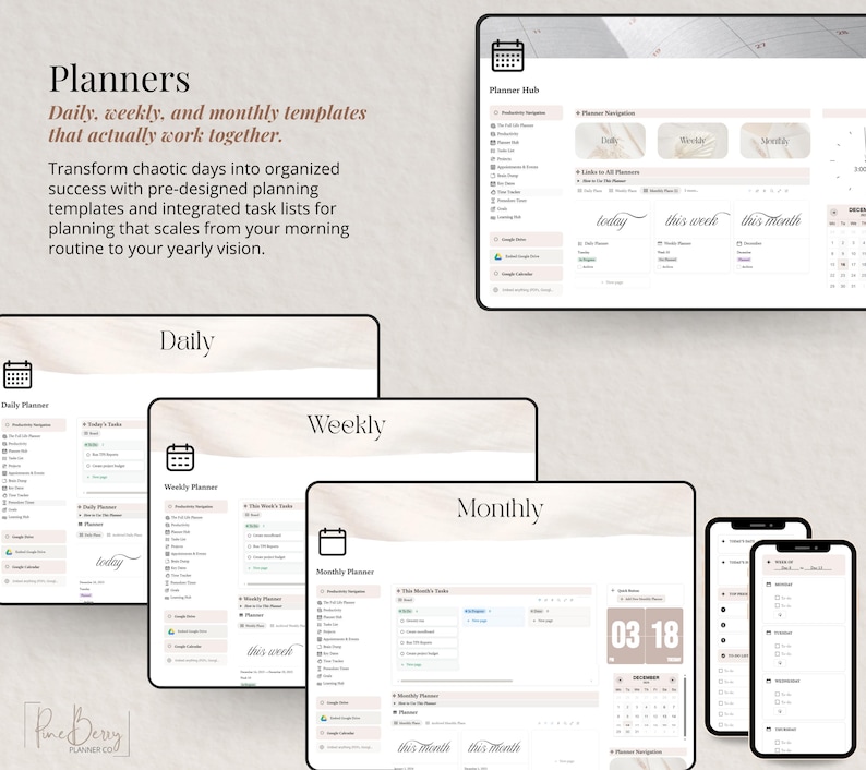 May include: Digital planner templates for daily, weekly, and monthly use, displayed on tablets and smartphones. The image shows a variety of layouts with the text "Planners" and "Daily, weekly, and monthly templates that actually work together."