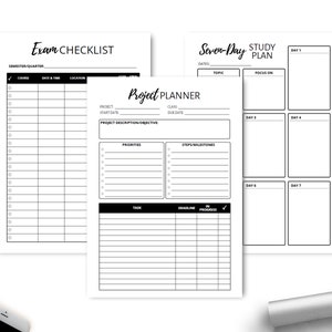 May include: Three printable checklists for planning and organizing schoolwork. The first checklist is for exams, the second is for projects, and the third is for a seven-day study plan.