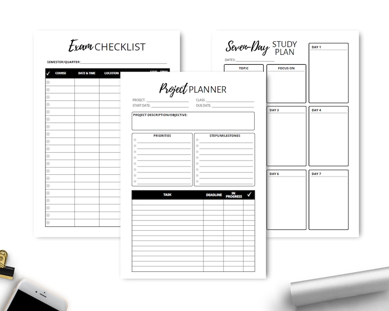 May include: Three printable checklists for planning and organizing schoolwork. The first checklist is for exams, the second is for projects, and the third is for a seven-day study plan.