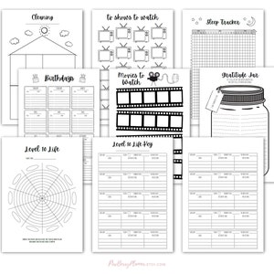 May include: Printable planner pages with black and white illustrations. The pages include sections for cleaning, birthdays, TV shows to watch, movies to watch, sleep tracker, gratitude jar, and level 10 life key.