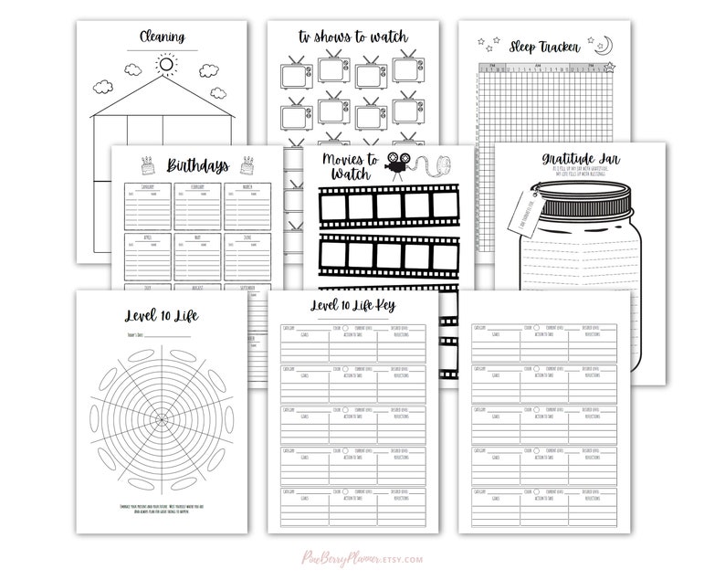 May include: Printable planner pages with black and white illustrations. The pages include sections for cleaning, birthdays, TV shows to watch, movies to watch, sleep tracker, gratitude jar, and level 10 life key.