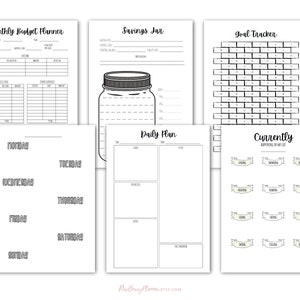May include: A printable set of black and white planner pages with headings for "Monthly Budget Planner", "Savings Jar", "Goal Tracker", "Daily Plan", and "Currently".