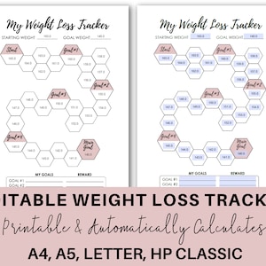 Seguimiento de pérdida de peso imprimible, PDF editable, autocompletar, progreso físico, dieta, gráfico motivacional, A5, carta, Happy Planner Classic HP
