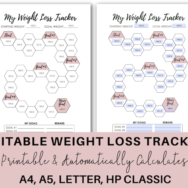 Printable Weight Loss Tracker, Editable PDF, Auto Populate, Fitness Progress, Diet, Motivational Chart, A5, Letter, Happy Planner Classic HP