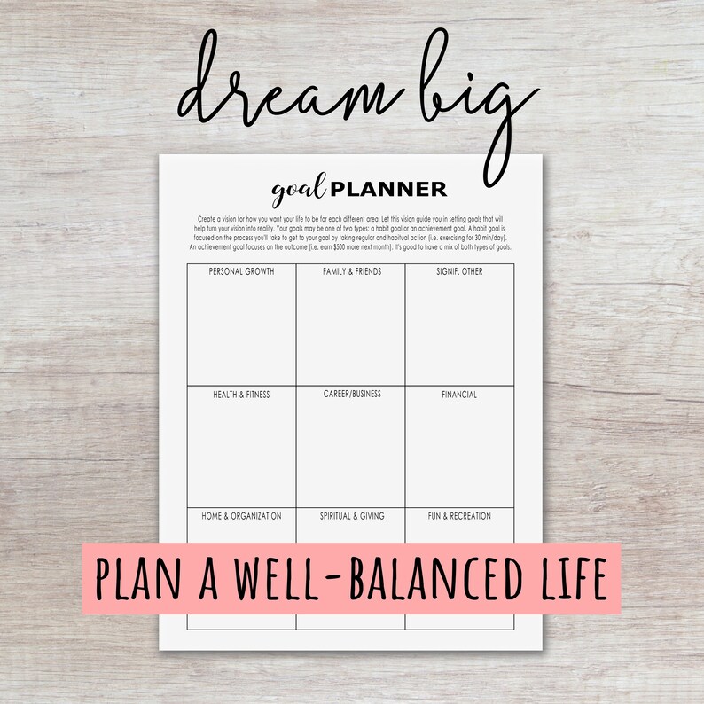 May include: A printable goal planner with the text "dream big" and "goal planner" at the top. The planner is divided into nine sections for different areas of life, including personal growth, family & friends, health & fitness, career/business, financial, home & organization, spiritual & giving, and fun & recreation. The planner also includes the text "Plan a well-balanced life".