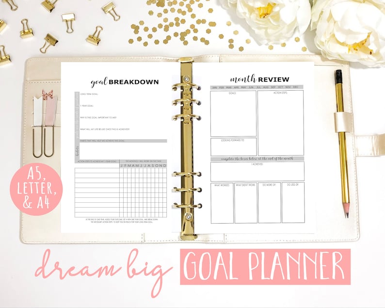 May include: A white goal planner with a gold binder. The planner has a section for goal breakdown and a section for monthly review. The text "dream big GOAL PLANNER" is printed in pink at the bottom of the page.