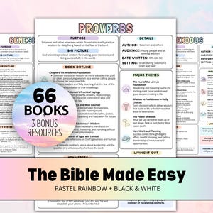 May include: A pastel rainbow and black and white Bible study guide titled "The Bible Made Easy." The guide includes summaries of Genesis, Proverbs, and Exodus, with key verses and major themes. A circular graphic reads "66 Books, 3 Bonus Resources."