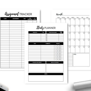 May include: Black and white printable planner pages with sections for assignment tracker, monthly calendar, and study planner. The study planner includes sections for priorities, due dates, events/assignments, comments, and daily time.