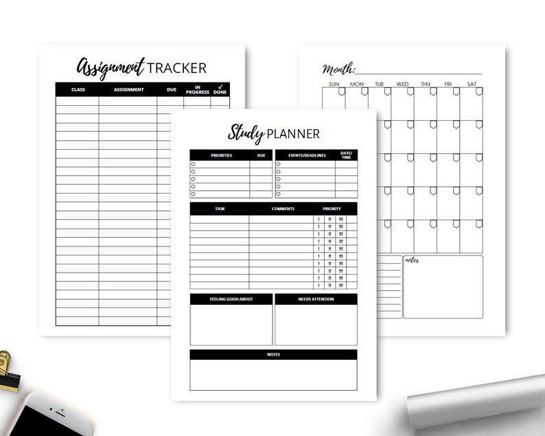 May include: Black and white printable planner pages with sections for assignment tracker, monthly calendar, and study planner. The study planner includes sections for priorities, due dates, events/assignments, comments, and daily time.