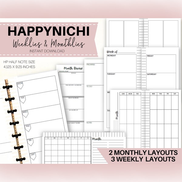 Happynichi Inserts, Printable Fauxbonichi Weekly Inserts, Monthly Calendar, Half Sheet Happy Planner, Skinny Planner, WO2P, MO2P Templates