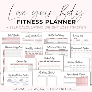 Fitnessplanerare-paket: Viktminskningsspårare, Matdagbok (digital nedladdning)