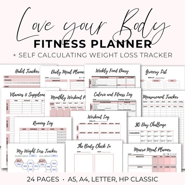 Fitness Planner Bundle, Diet Log, Food Diary, Printable Weight Loss Tracker, Editable PDF, Fitness Journal, Calorie & Step Tracker