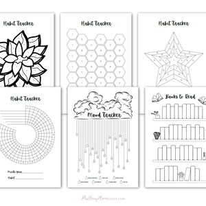 May include: A set of six printable habit tracker pages with different designs. The designs include a flower, a honeycomb, a star, a circle, a cloud with raindrops, and a bookshelf. The pages are black and white and can be used to track habits, goals, or moods.