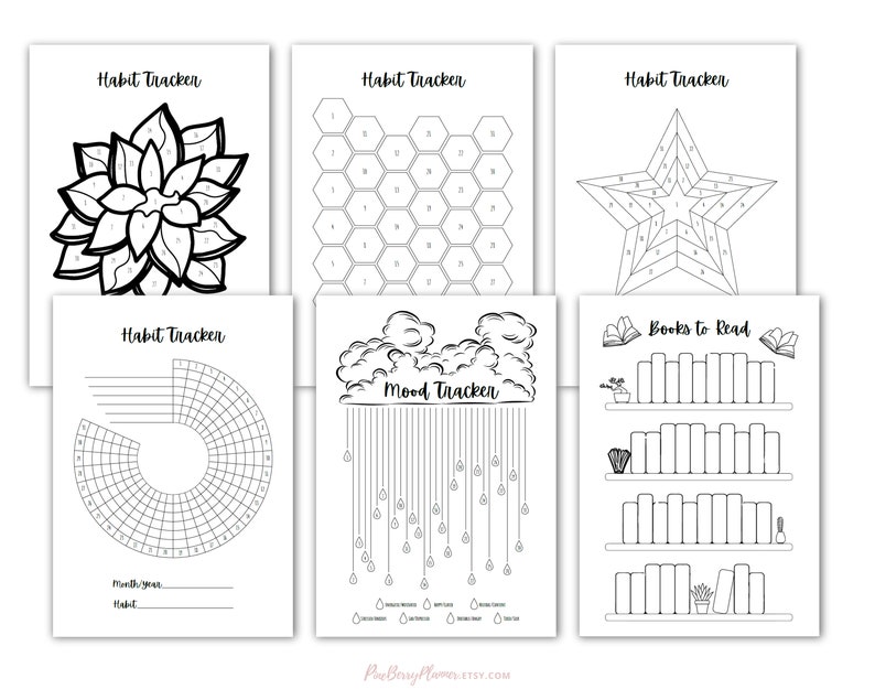 May include: A set of six printable habit tracker pages with different designs. The designs include a flower, a honeycomb, a star, a circle, a cloud with raindrops, and a bookshelf. The pages are black and white and can be used to track habits, goals, or moods.