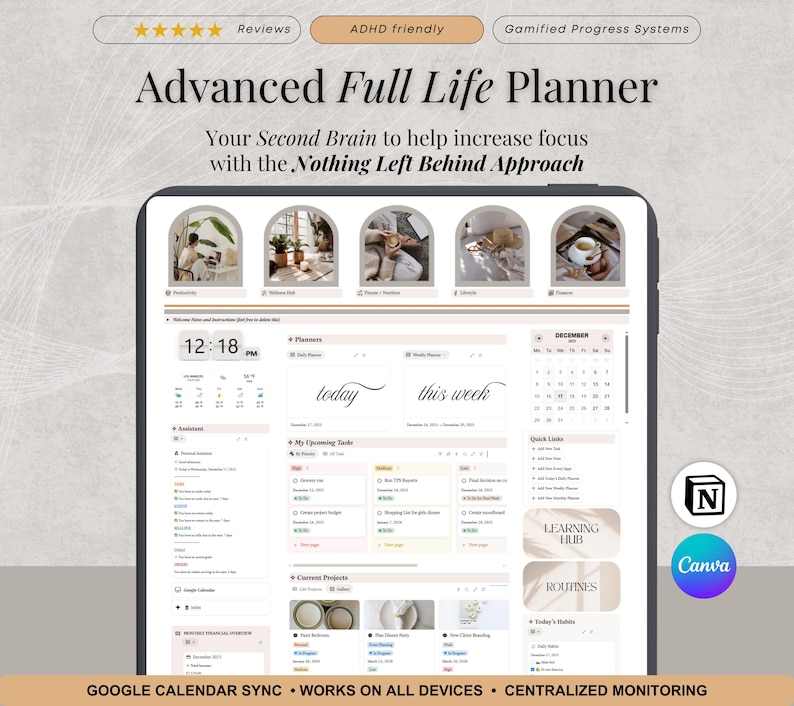May include: Digital planner interface with the text "Advanced Full Life Planner." The screen displays a calendar, task lists, and other organizational tools. The design is in neutral tones with the words "ADHD friendly" and "Gamified Progress Systems."