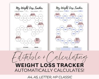 Weight Loss Tracker Printable: Editable Auto-Populate Chart (A5, Letter, HP Classic) (PDF)