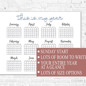 Reusable Printable Wall Calendar, Giant A1 Calligraphy Wall Calendar, Large Wall Planner, A3 A2 ...