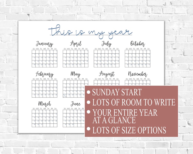 Reusable Printable Wall Calendar, Giant A1 Calligraphy Wall Calendar