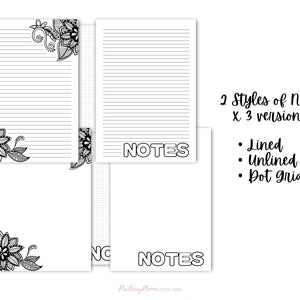 May include: Printable planner pages with two styles of notes: lined, unlined, and dot grid. Each style has three versions with floral designs in the corners. The text "NOTES" is printed in bold letters at the top of each page.