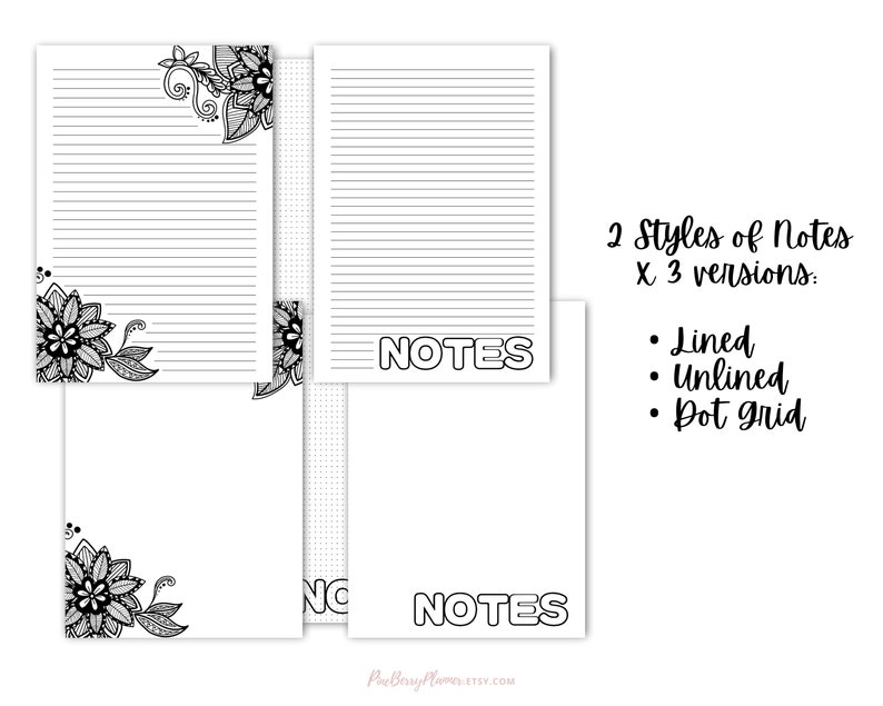 May include: Printable planner pages with two styles of notes: lined, unlined, and dot grid. Each style has three versions with floral designs in the corners. The text "NOTES" is printed in bold letters at the top of each page.