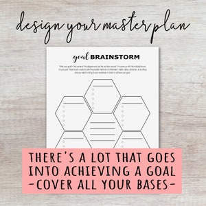 May include: A black and white printable worksheet with the text "goal brainstorm" and "there's a lot that goes into achieving a goal - cover all your bases -"  The worksheet features a hexagon diagram with six sections for brainstorming.