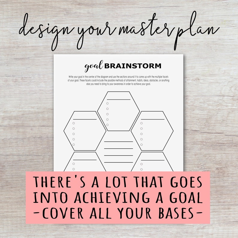 May include: A black and white printable worksheet with the text "goal brainstorm" and "there's a lot that goes into achieving a goal - cover all your bases -"  The worksheet features a hexagon diagram with six sections for brainstorming.