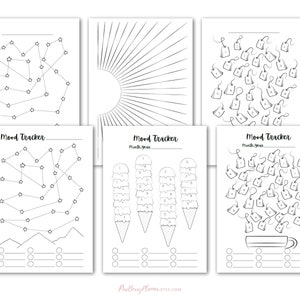 May include: Printable mood tracker pages with different designs, including stars, sun rays, tea bags, and ice cream cones. Each page has a space for the month and year, and a section for notes.