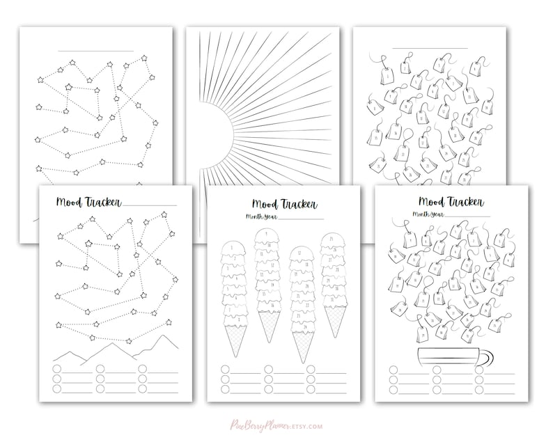 May include: Printable mood tracker pages with different designs, including stars, sun rays, tea bags, and ice cream cones. Each page has a space for the month and year, and a section for notes.