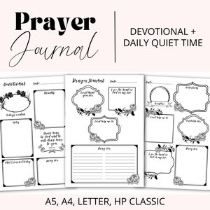 以下が含まれることがあります： 「Prayer Journal」と「Devotional + Daily Quiet Time」と書かれた、黒い花柄のデザインが施された印刷可能な祈りのジャーナルです。
