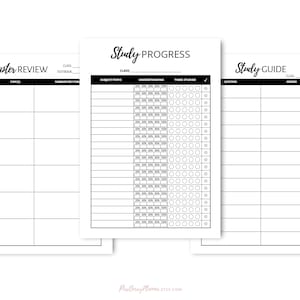 May include: Three printable study guides with black text on white paper. The first page is titled "Chapter Review" with columns for chapter, topic, and summary notes. The second page is titled "Study Progress" with columns for subject/topic, understanding, times studied, and a checkmark. The third page is titled "Study Guide" with columns for question and answer.