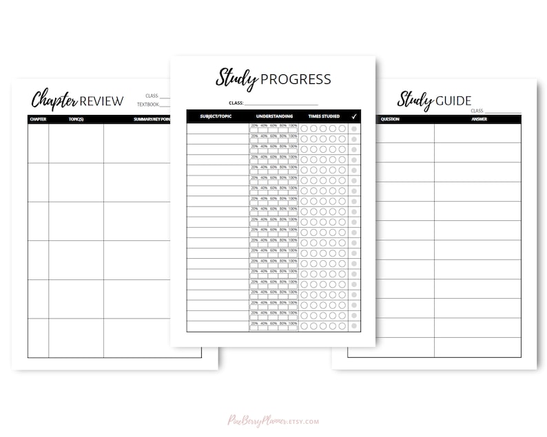 May include: Three printable study guides with black text on white paper. The first page is titled "Chapter Review" with columns for chapter, topic, and summary notes. The second page is titled "Study Progress" with columns for subject/topic, understanding, times studied, and a checkmark. The third page is titled "Study Guide" with columns for question and answer.